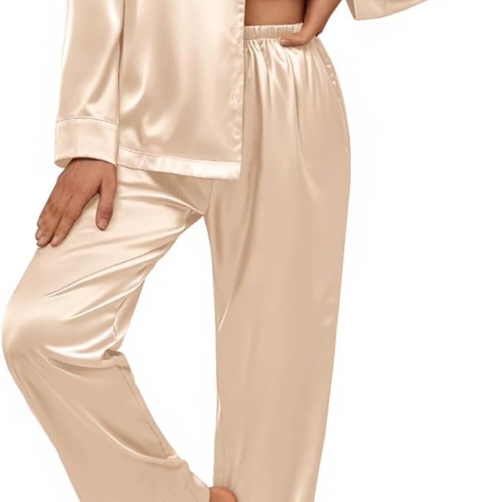 Satin Silk Pajama Set for Women Fall 2 Piece Button Up Side Slit Matching Pjs Cu